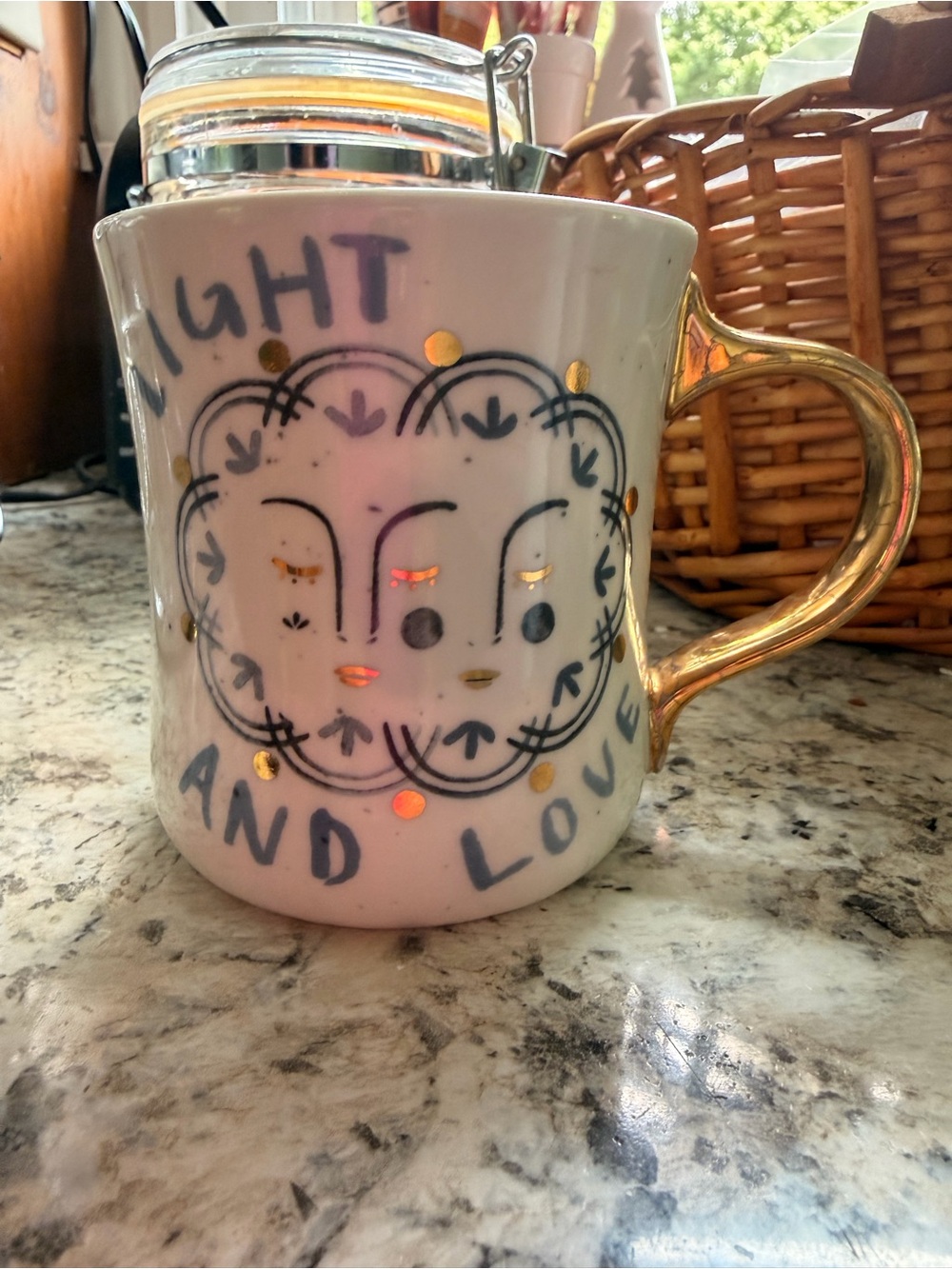Anthropologie White Ceramic Mug with Gold Handle and Playful Face Motif